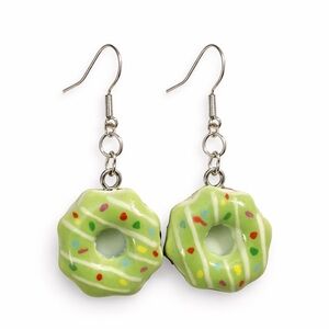 Dangle Donut‎ Earrings Green Frosted Sprinkle Doughnut Food Jewelry